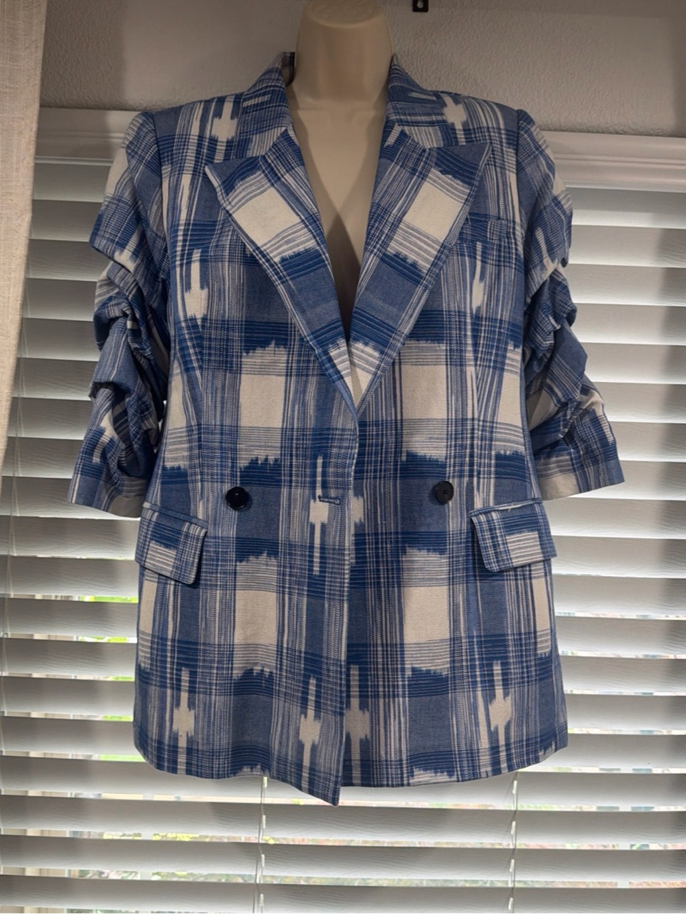 Robert Rodriguez Blue and White Plaid Double-Breasted Blazer
